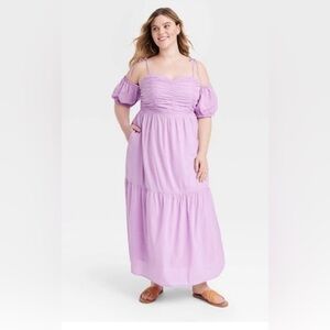 Universal Thread Purple Off-Shoulder Puff Sleeve Tie Ruched Smock Maxi Dress